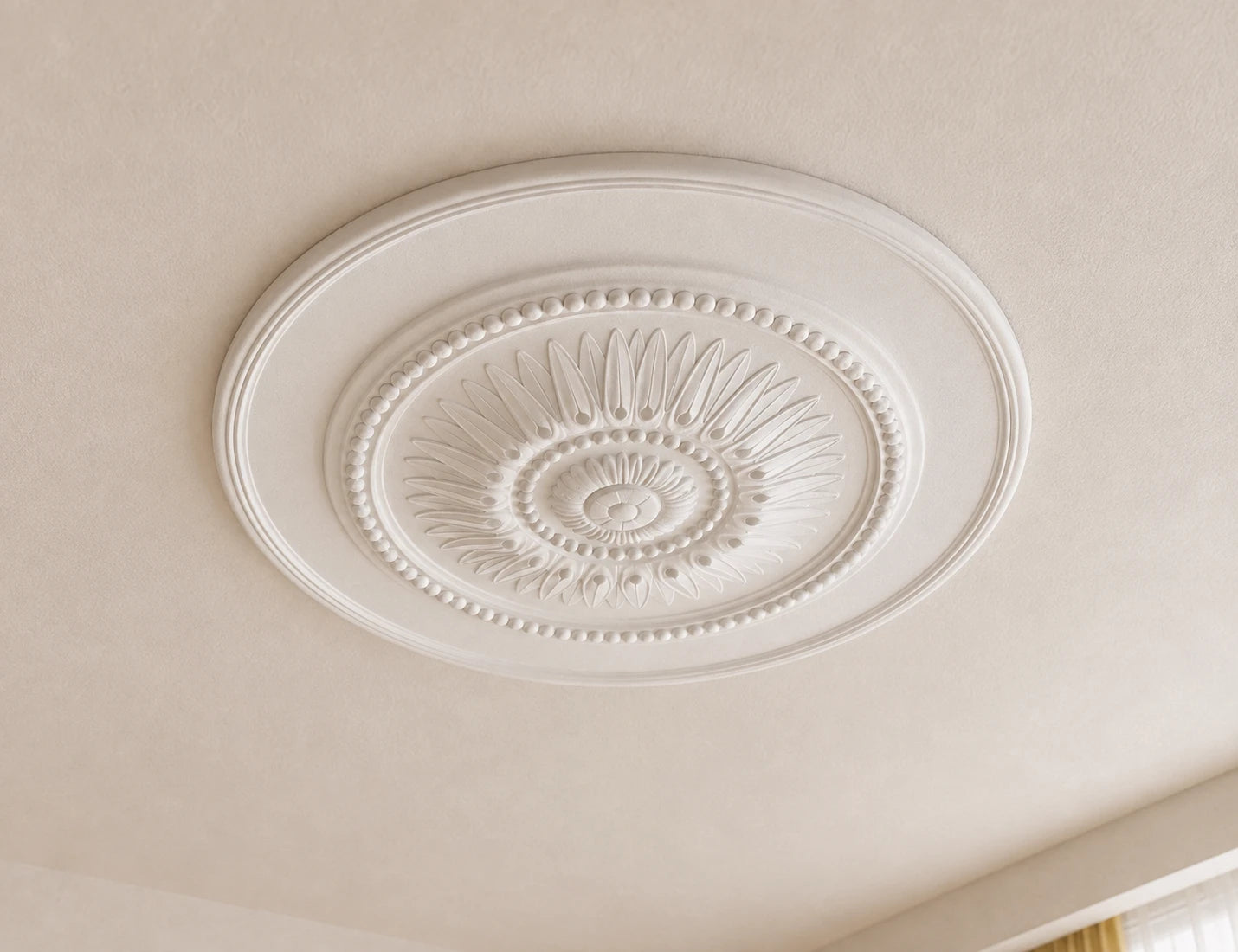 Close-up of the white R20 Arstyl ceiling rose with detailed leaf motifs, beaded rings and concentric borders