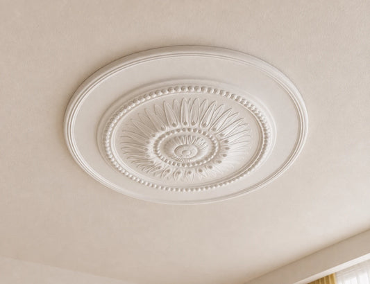 Close-up of the white R20 Arstyl ceiling rose with detailed leaf motifs, beaded rings and concentric borders