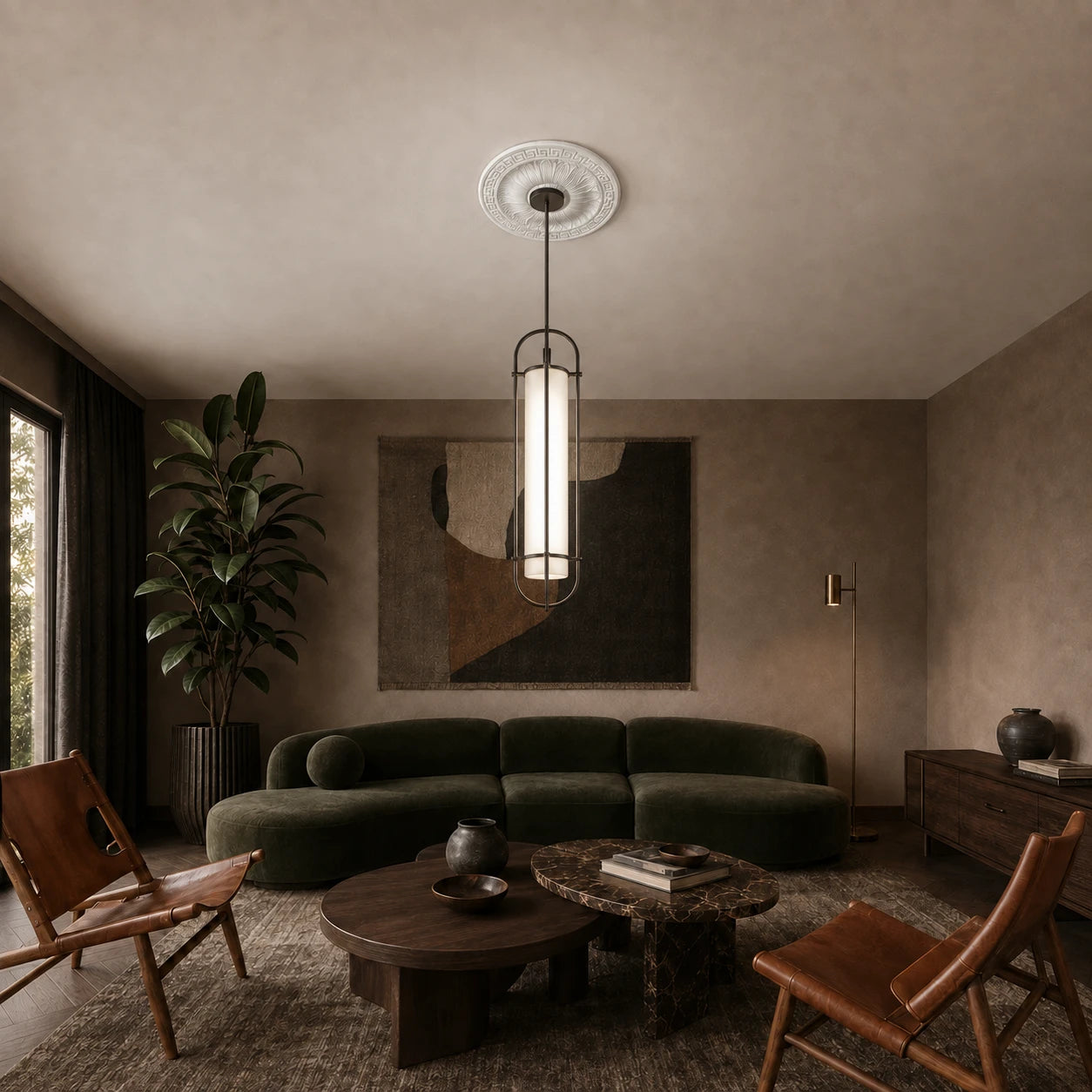 Dark modern living room with an ornate white R23 Arstyl ceiling rose framing a pendant light
