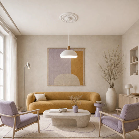 Bright pastel living room with an ornate white R5 Arstyl floral ceiling rose framing a modern pendant lamp.