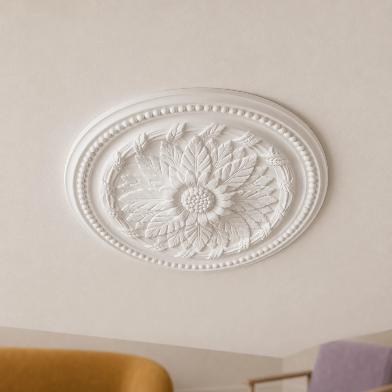 Close-up of the white R5 Arstyl ceiling rose with an intricate floral and leaf relief surrounded by a decorative beaded border