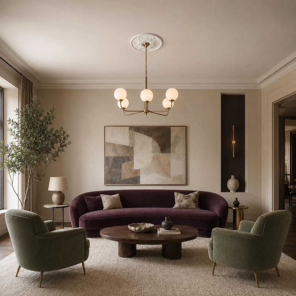 Elegant living room featuring a white Sara R1520 ceiling rose with an ornate relief and brass chandelier