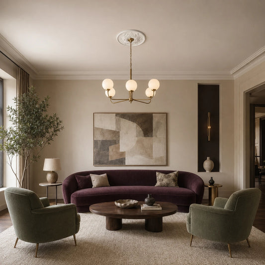 Elegant living room featuring a white Sara R1520 ceiling rose with an ornate relief and brass chandelier