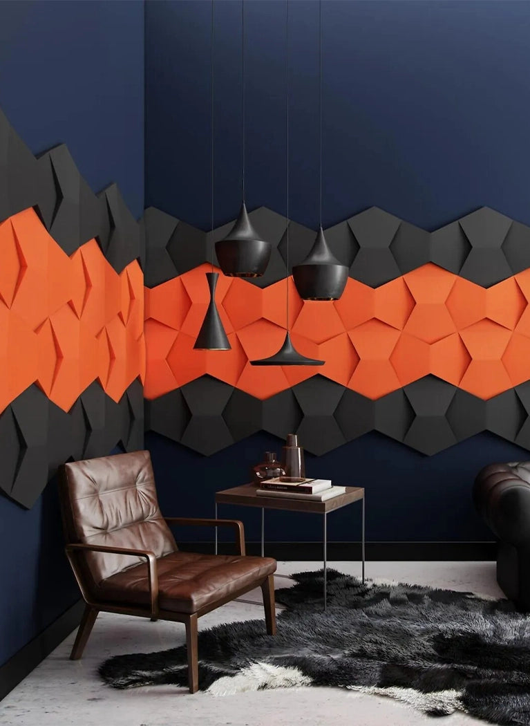 3D Soft Acoustic Wall Panels in dark blue interior with leather furniture Decormania