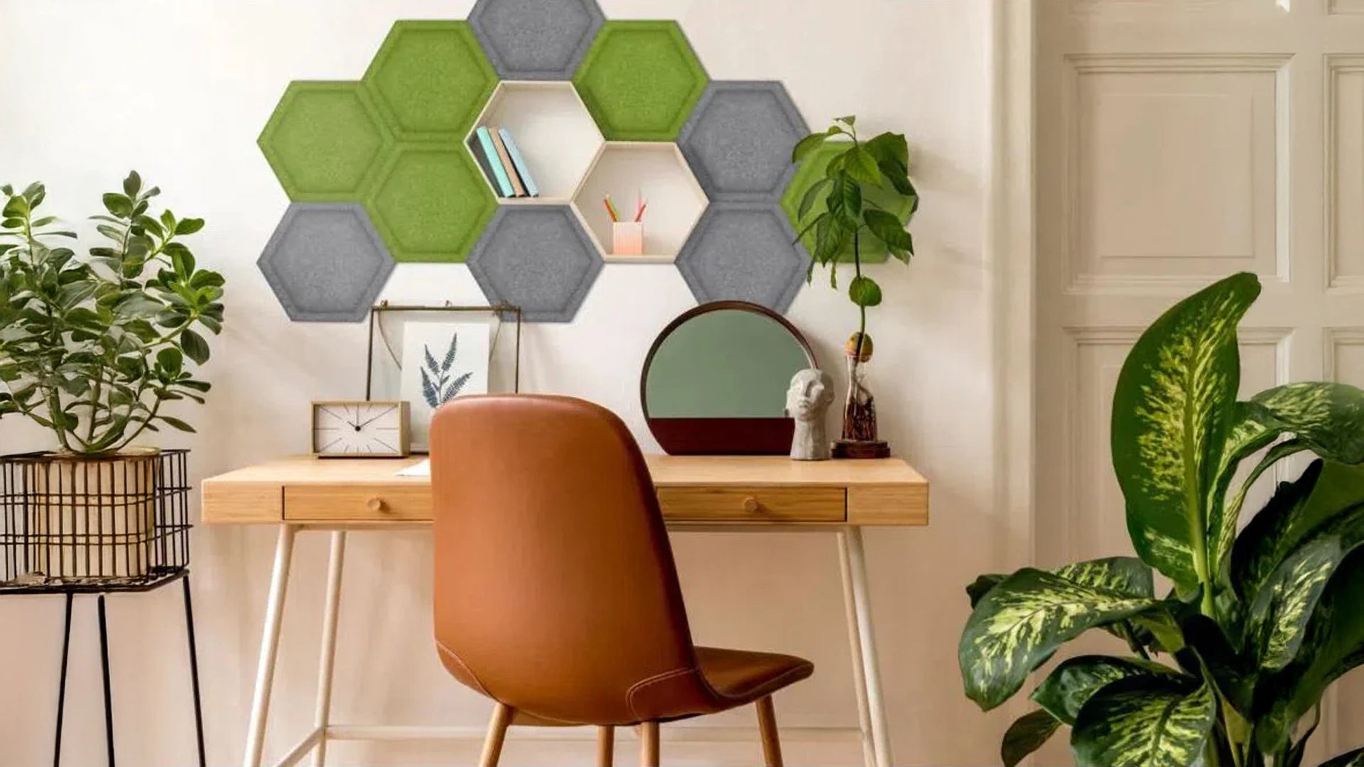 GROVE 3D Acoustic Felt Wall Panels in white colour interior with small desk Decormania