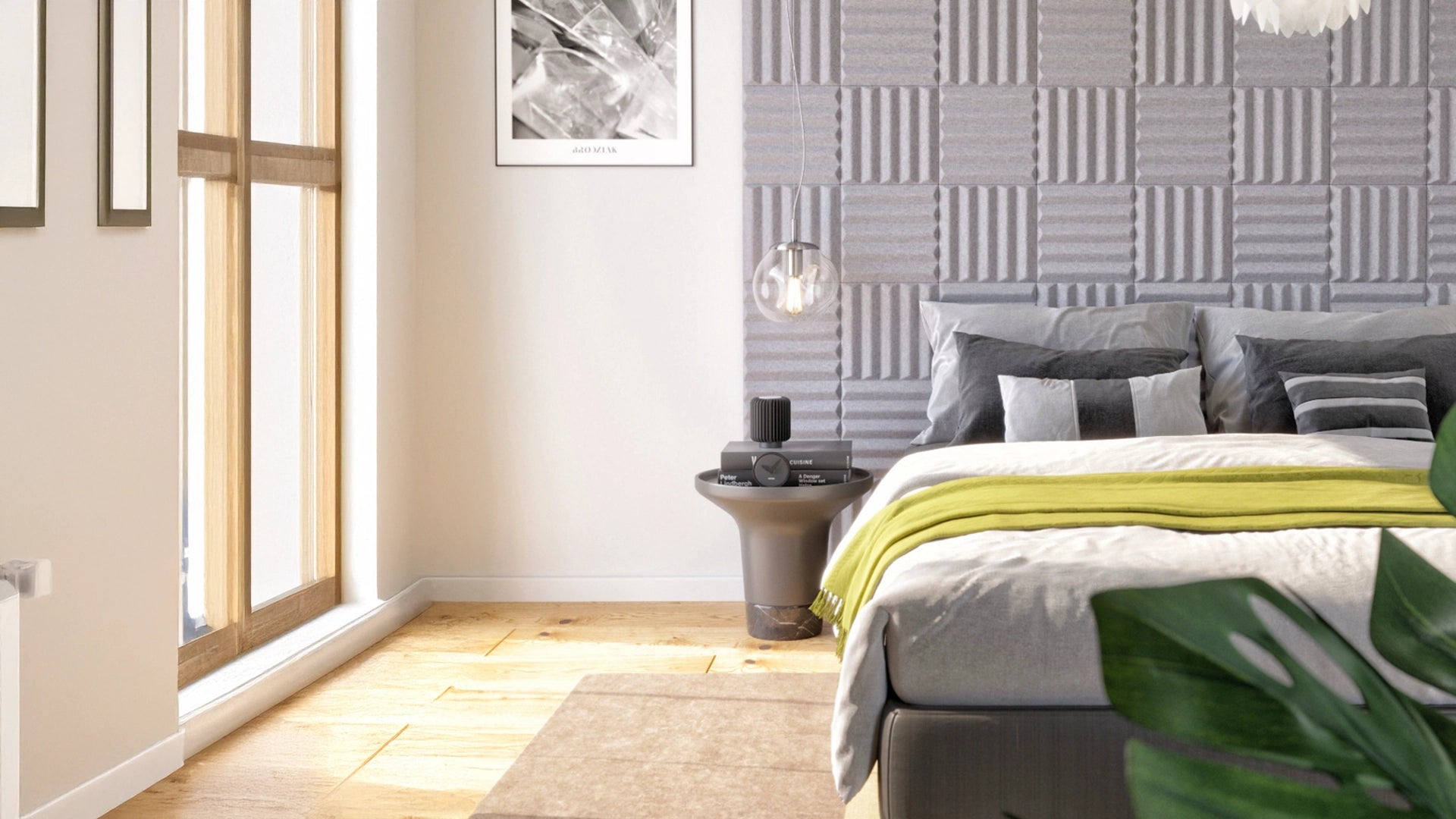 GROVE 3D Acoustic Felt Wall Panels in bedroom interior GREY DecorMania.eu