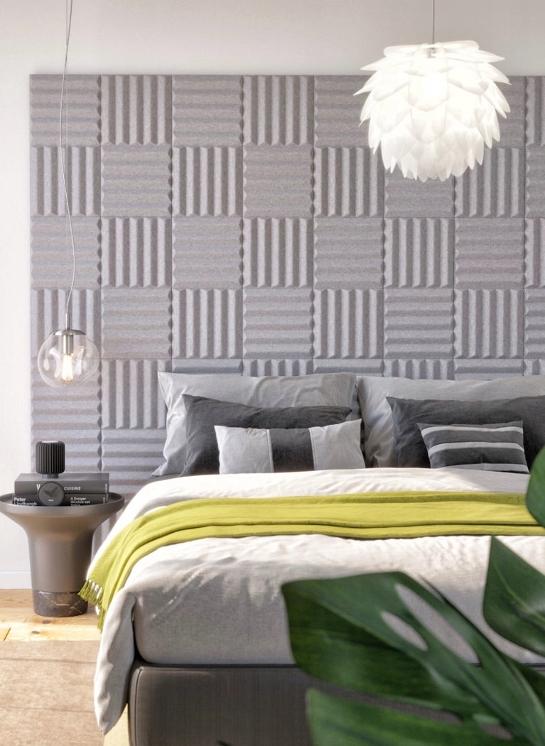 GROVE 3D Acoustic Felt Wall Panels in bedroom interior GREY DecorMania.eu