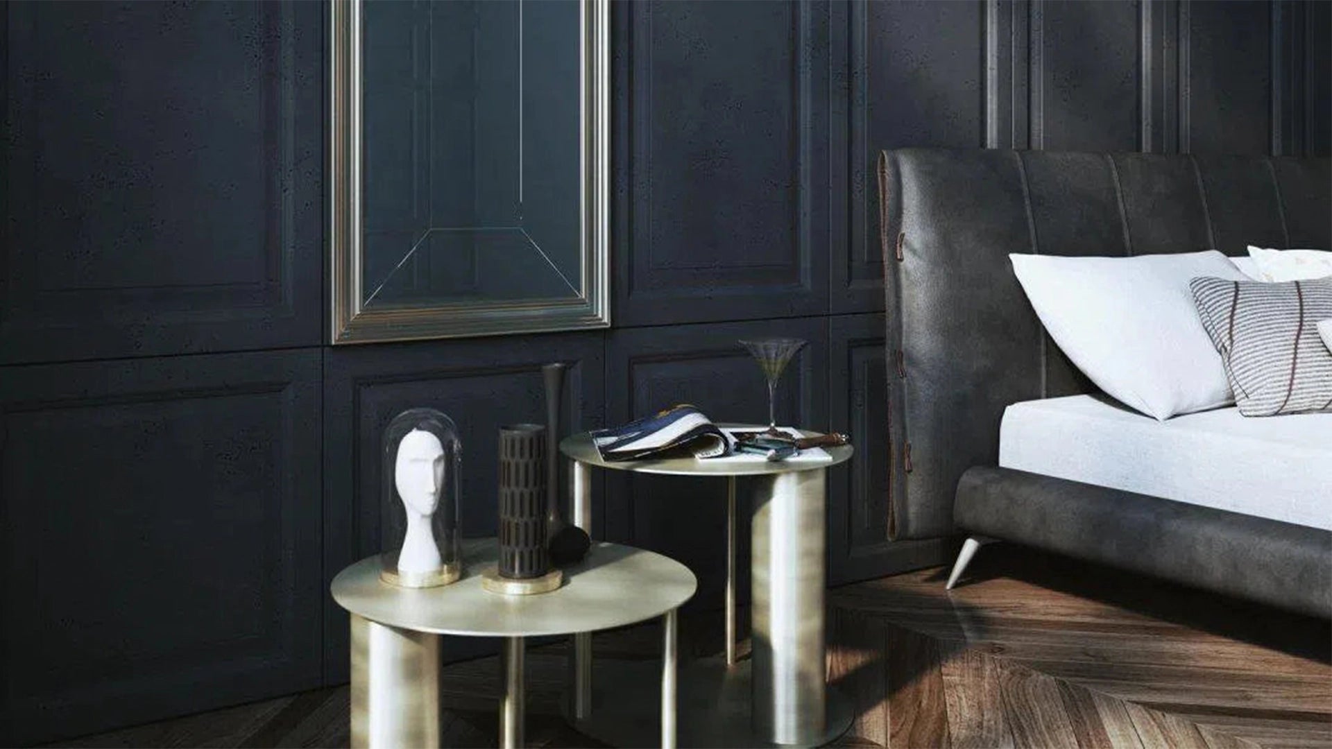 Concrete 3D Wall Panel FRAMES in dark bedroom interior DecorMania.eu