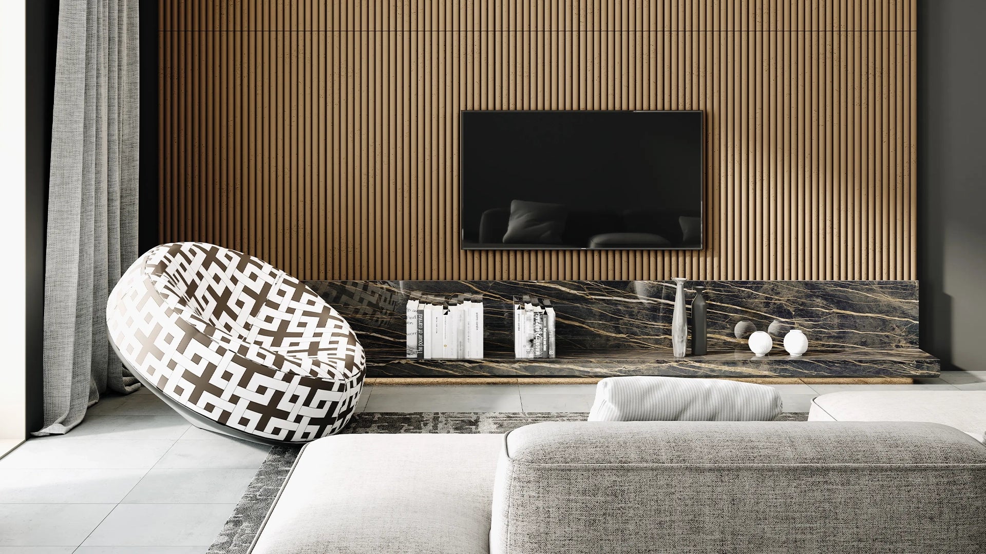 3D Concrete Wall Panel in modern living room interior TUBES DecorMania.eu