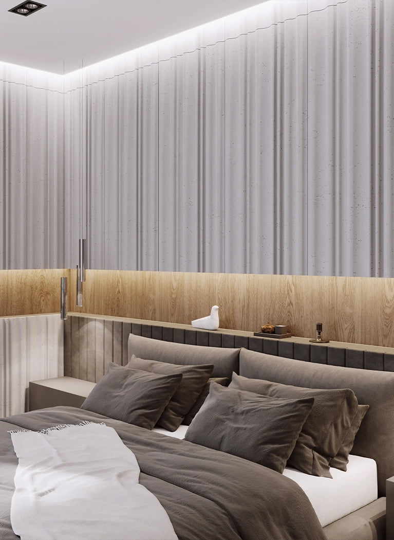 3D Concrete Wall Panel CURTAINS in bedroom interior DecorMania.eu