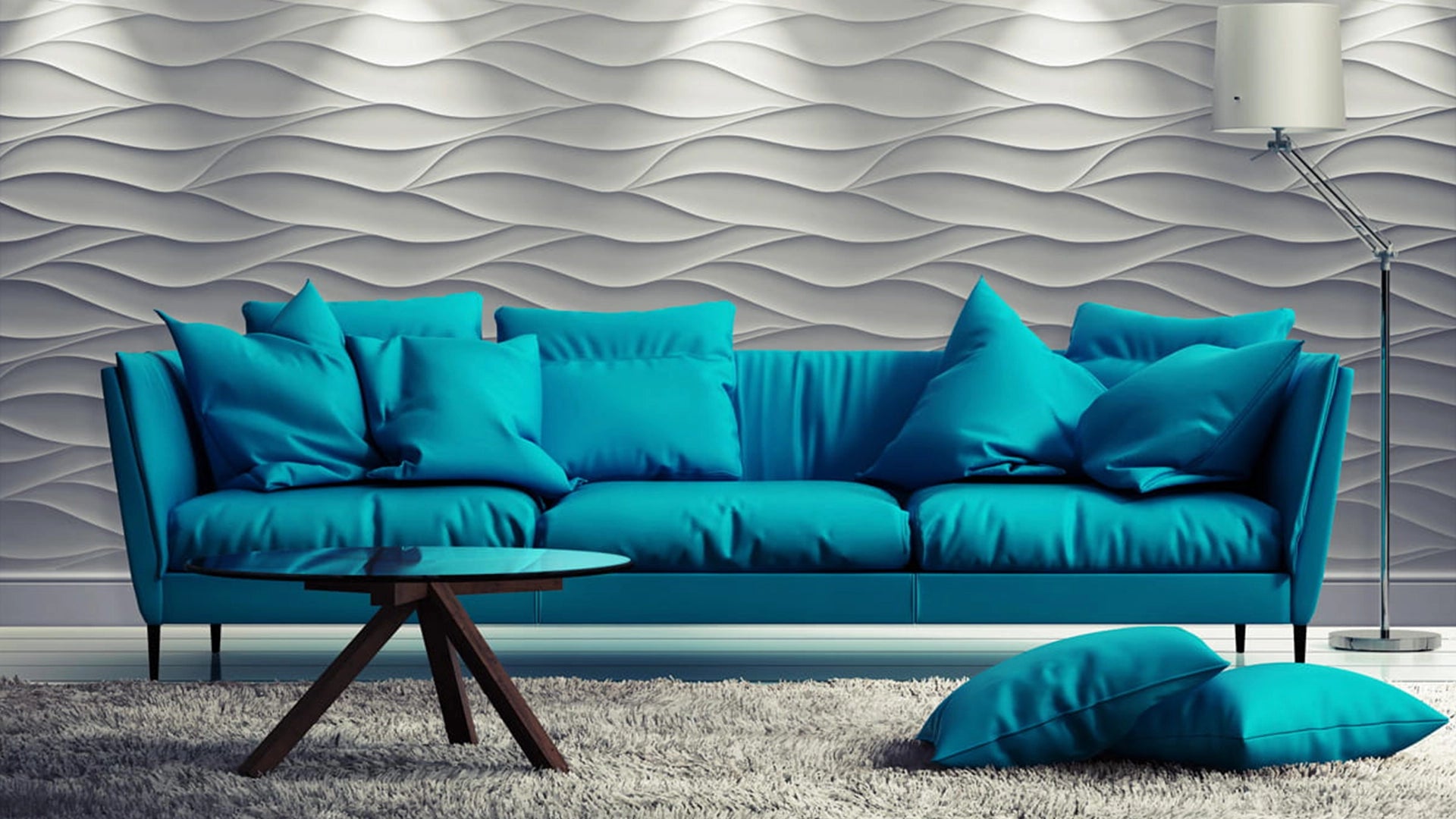3D Gypsum Wall Art Panels in blue living room interior SAND STORM DecorMania.eu