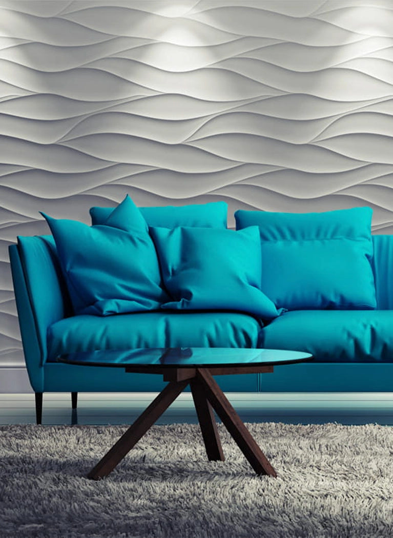 3D Gypsum Wall Art Panels in blue living room interior SAND STORM DecorMania.eu