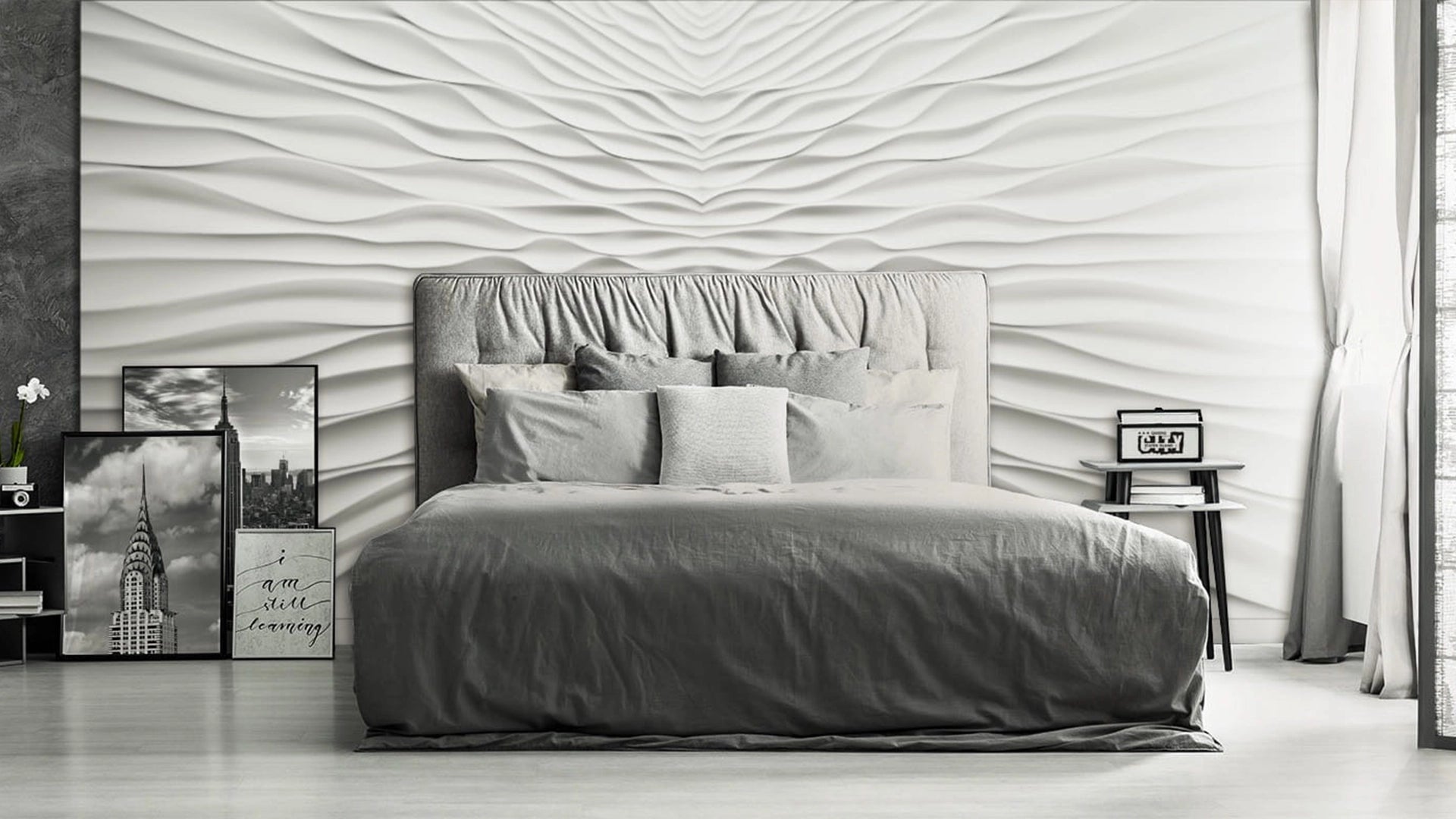 3D Gypsum Wall Panels Mural Set in white bedroom interior ILLUSION DecorMania.eu
