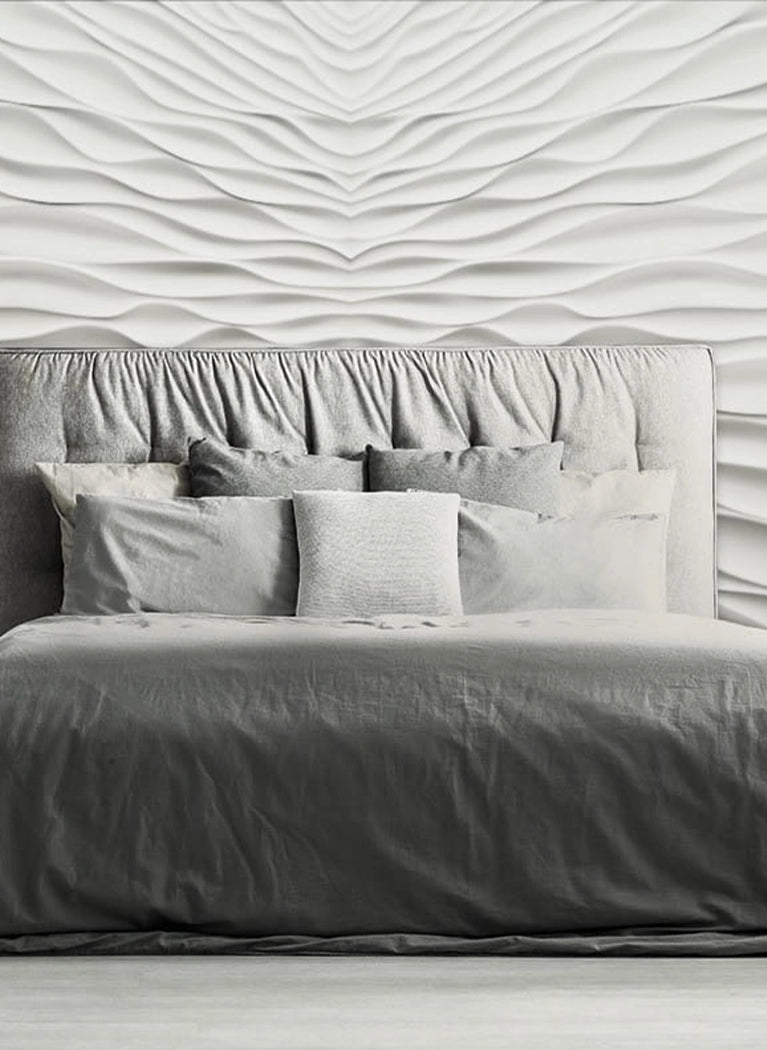 3D Gypsum Wall Panels Mural Set in white bedroom interior ILLUSION DecorMania.eu