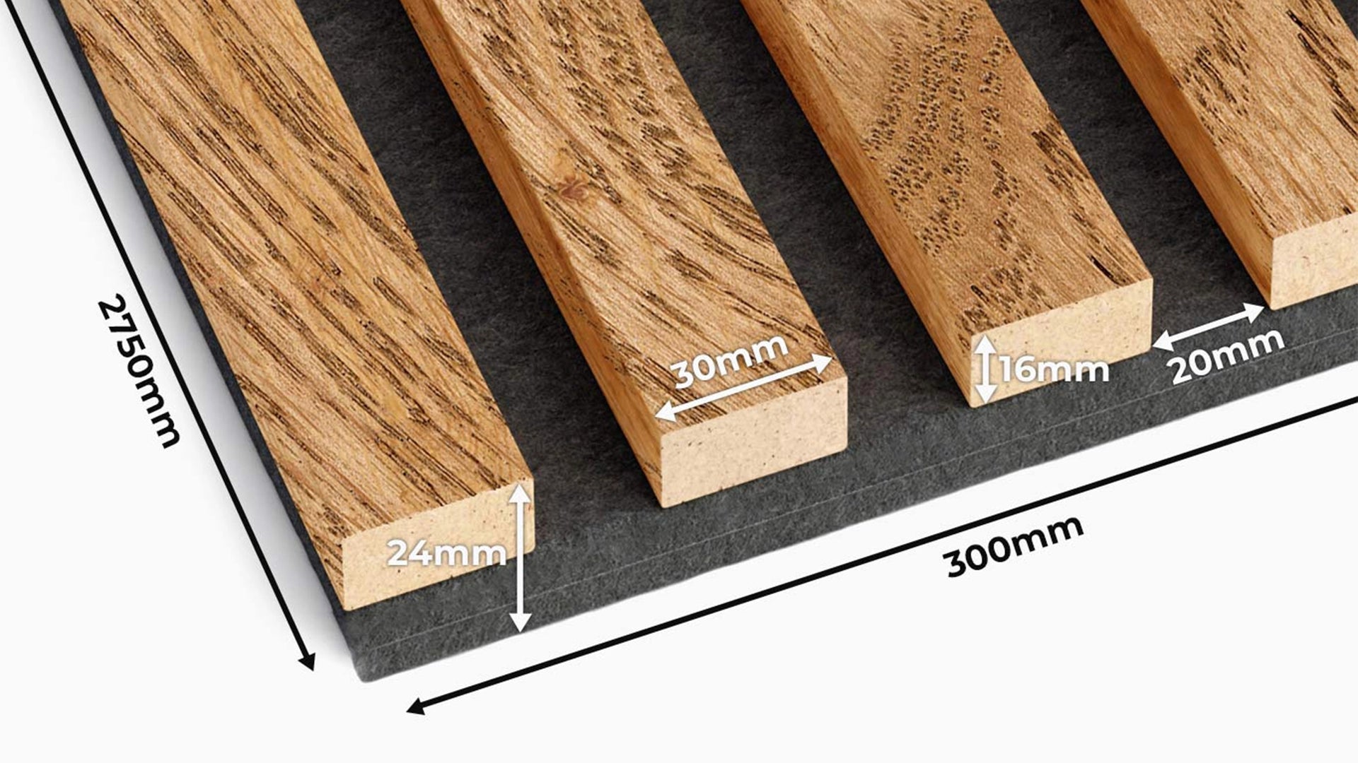 Acoustic Slatted Wall Panels With Measurements on white background