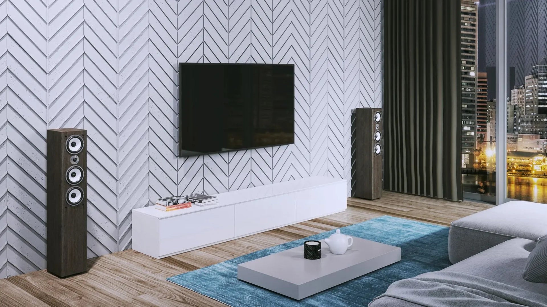Concrete Cladding HERRINGBONE L REVERS Wall Panels in living room interior DecorMania.eu