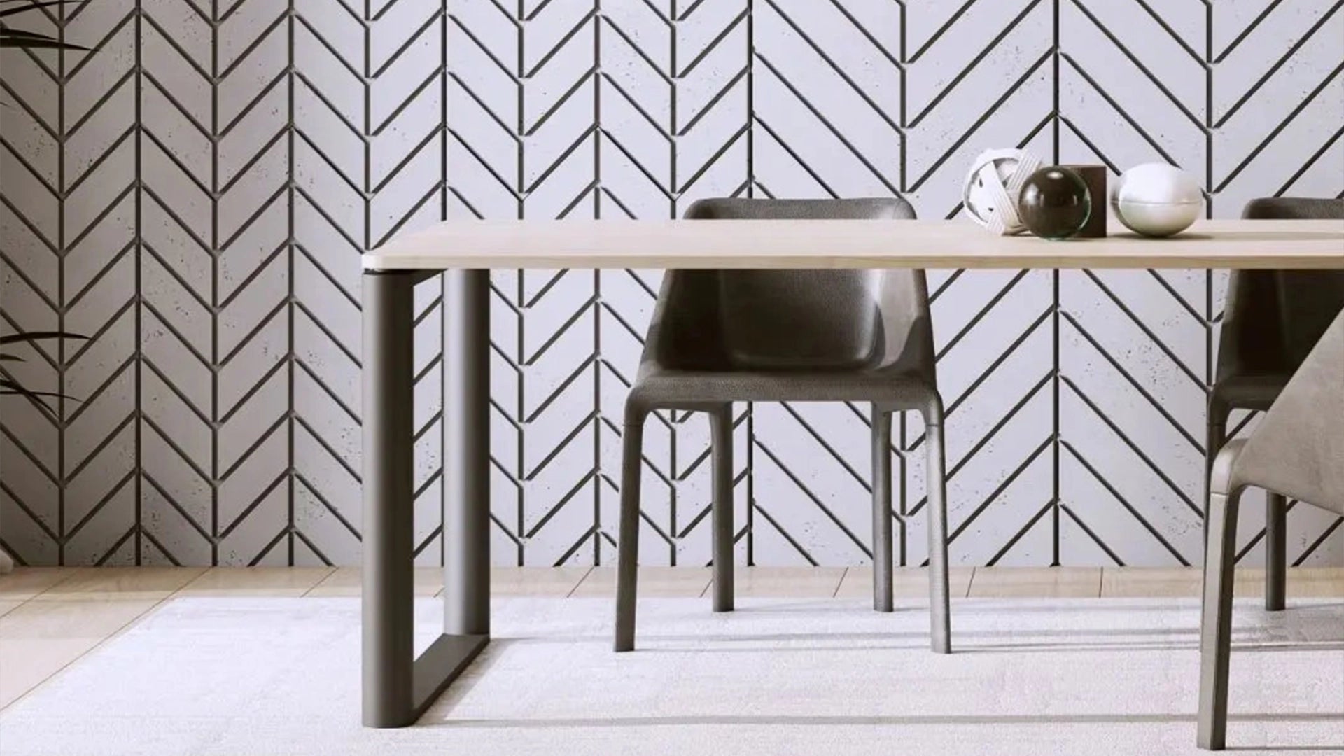 Concrete Cladding HERRINGBONE M Wall Panels in dining room interior cropped DecorMania.eu
