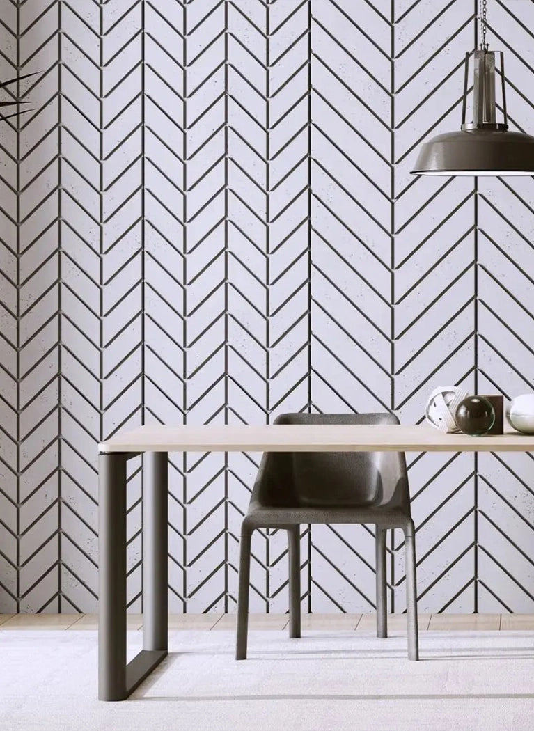 Concrete Cladding HERRINGBONE M Wall Panels in dining room interior cropped DecorMania.eu