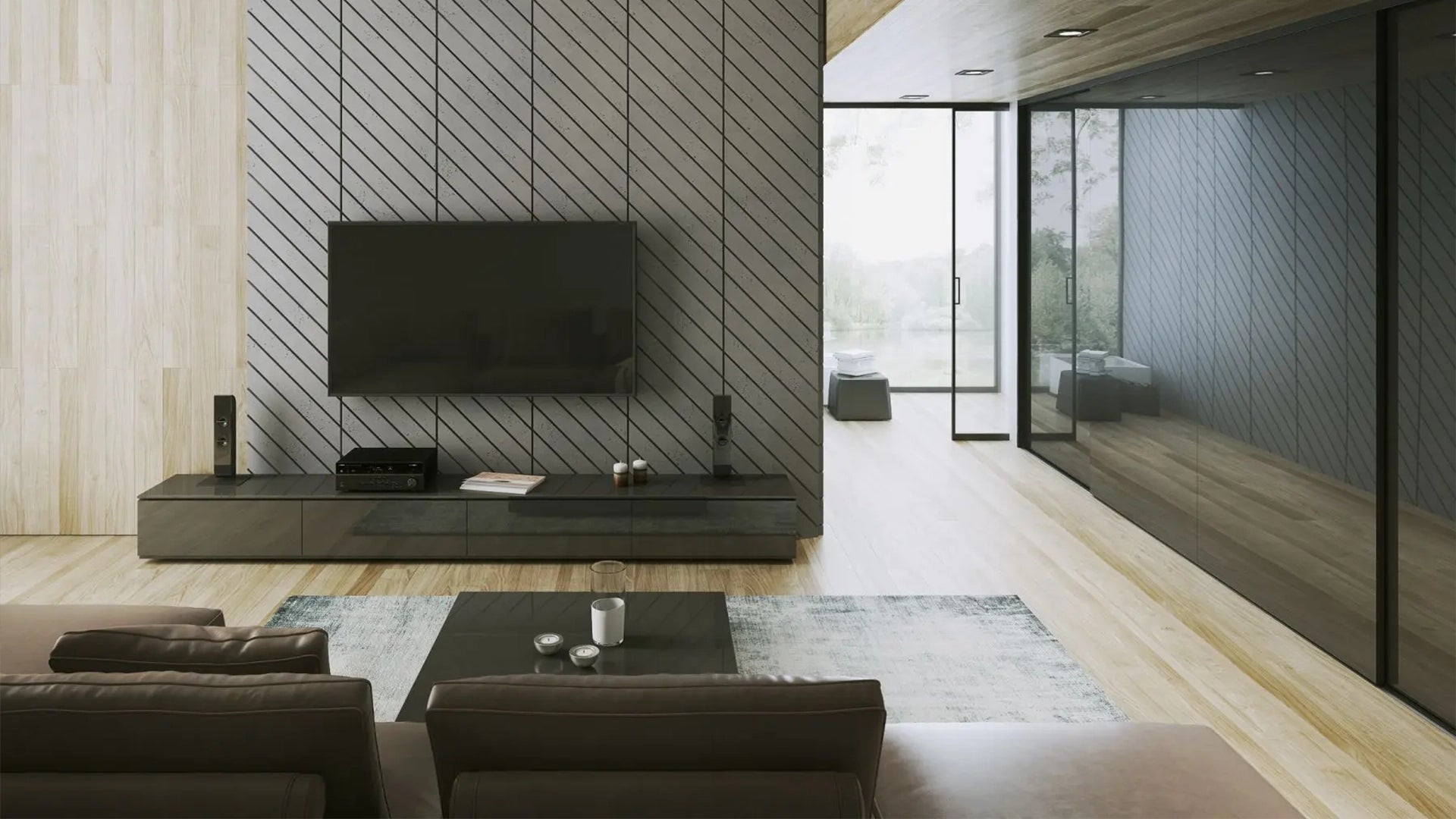 Concrete Cladding HERRINGBONE PART Wall Panels in cozy interior DecorMania.eu