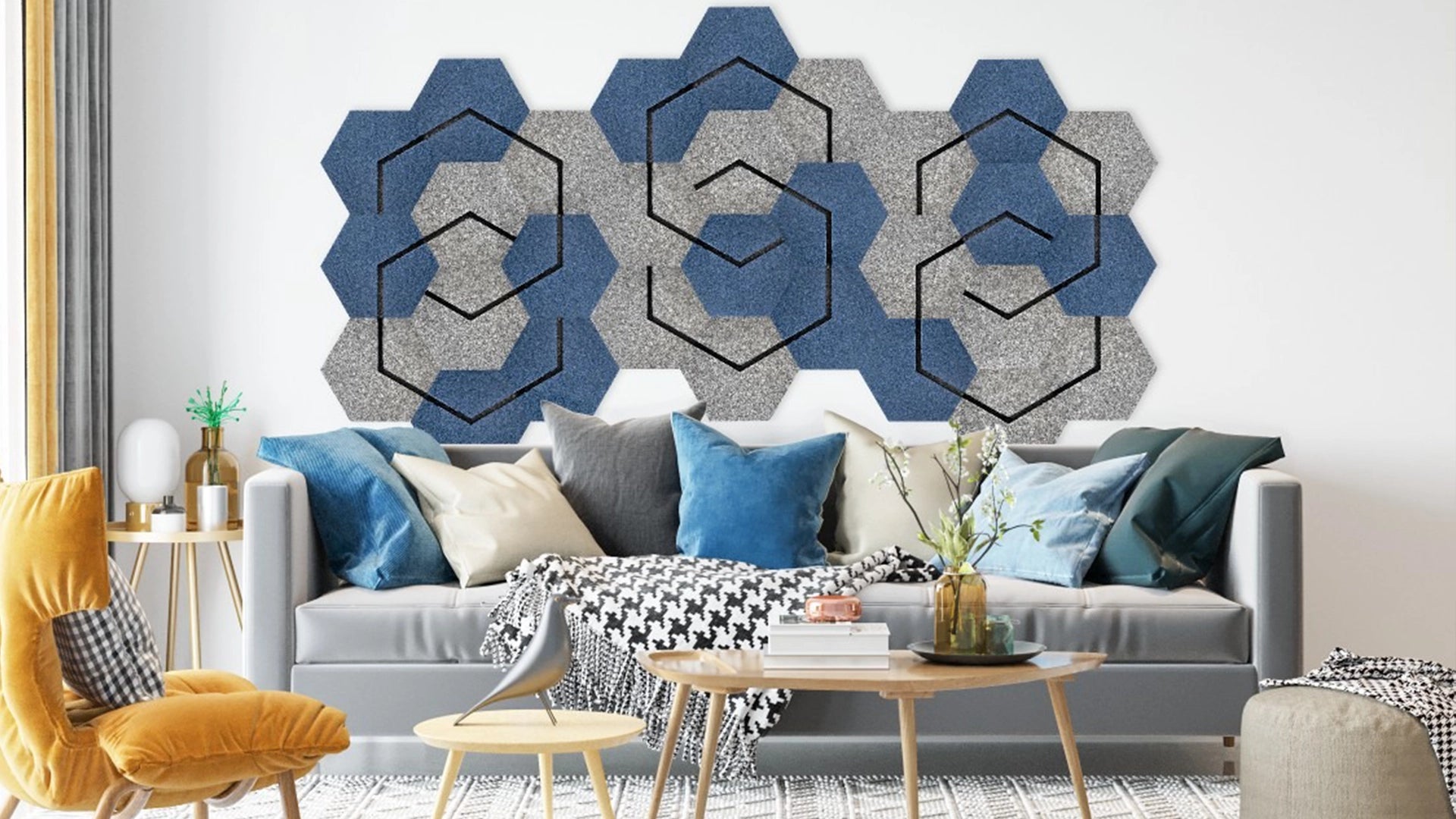 Decorative 3D Felt Wall Tiles DECO2 composition on grey wall Decormania EU