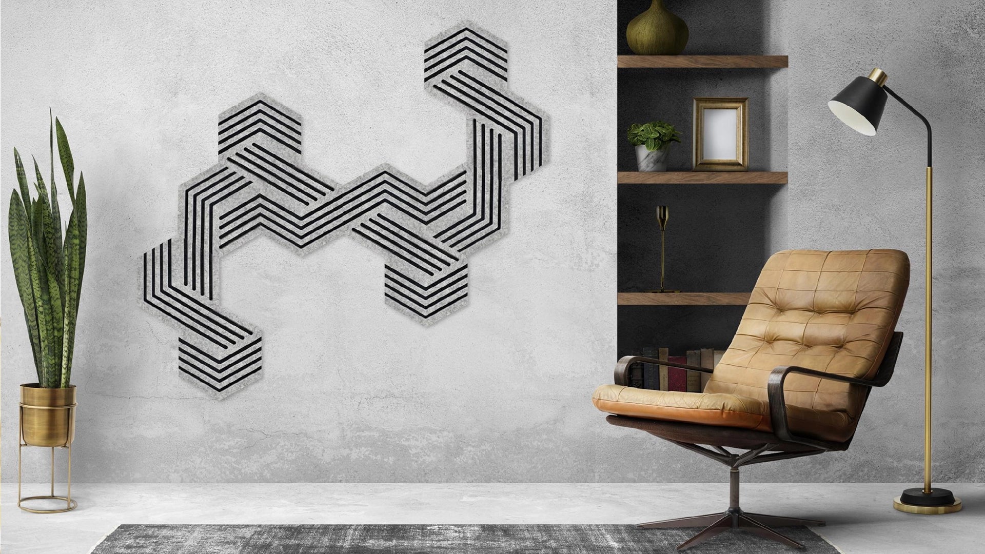 Decorative 3D Felt Wall Tiles DECO1 composition on grey wall Decormania EU