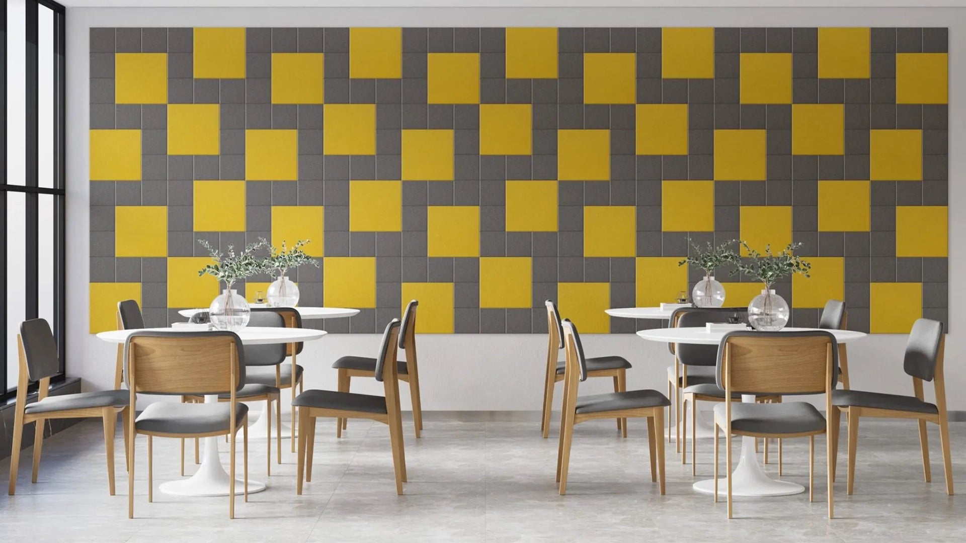 Decorative 3D PET Felt Wall Tiles - SQUARE 20x20 feature wall in restaurant interior Decormania.eu