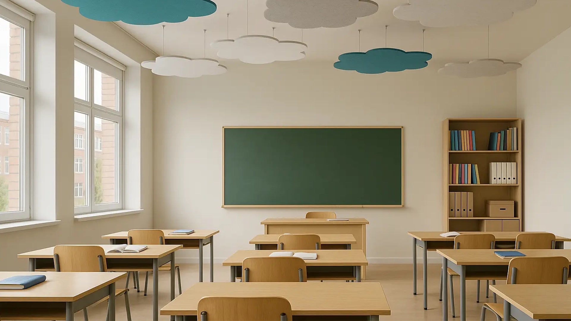 Suspended Ceiling Panels - Acoustic Felt CLOUD M in classroom interior Decormania EU