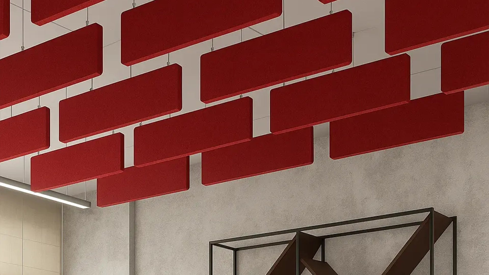 Felt Ceiling Acoustic Baffles - RECTANGLE ROUNDED red panels in office interior Decormania EU
