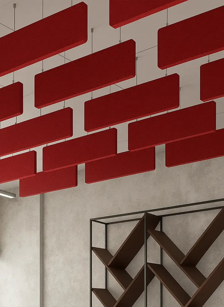 Felt Ceiling Acoustic Baffles - RECTANGLE ROUNDED red panels in office interior Decormania EU