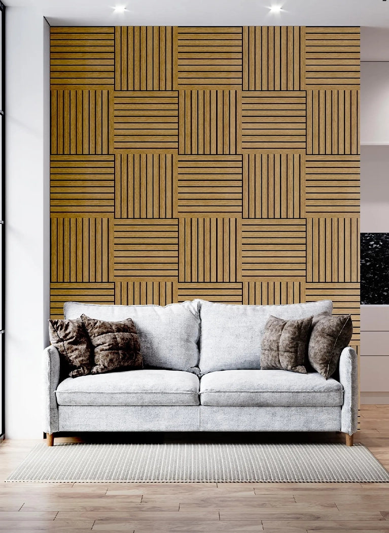 Felt Slatted Acoustic Wall Panels 4 feature wall in living room interior DecorMania EU