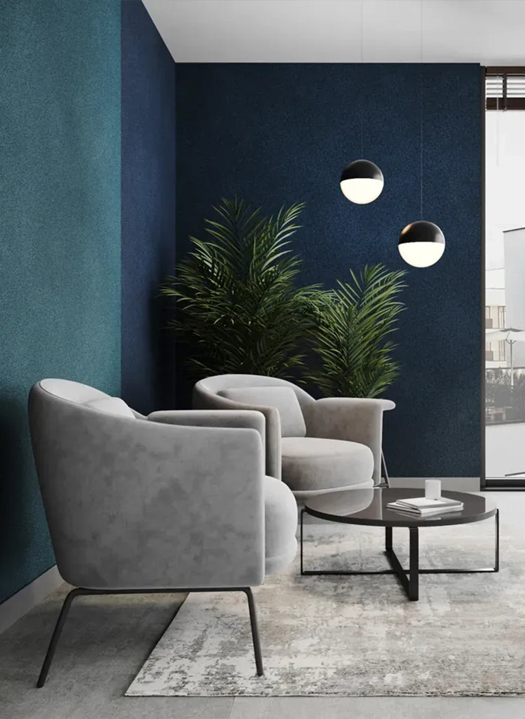 Plain Acoustic Wallpaper - 90% Wool fluffo in modern interior with armchairs DecorMania eu