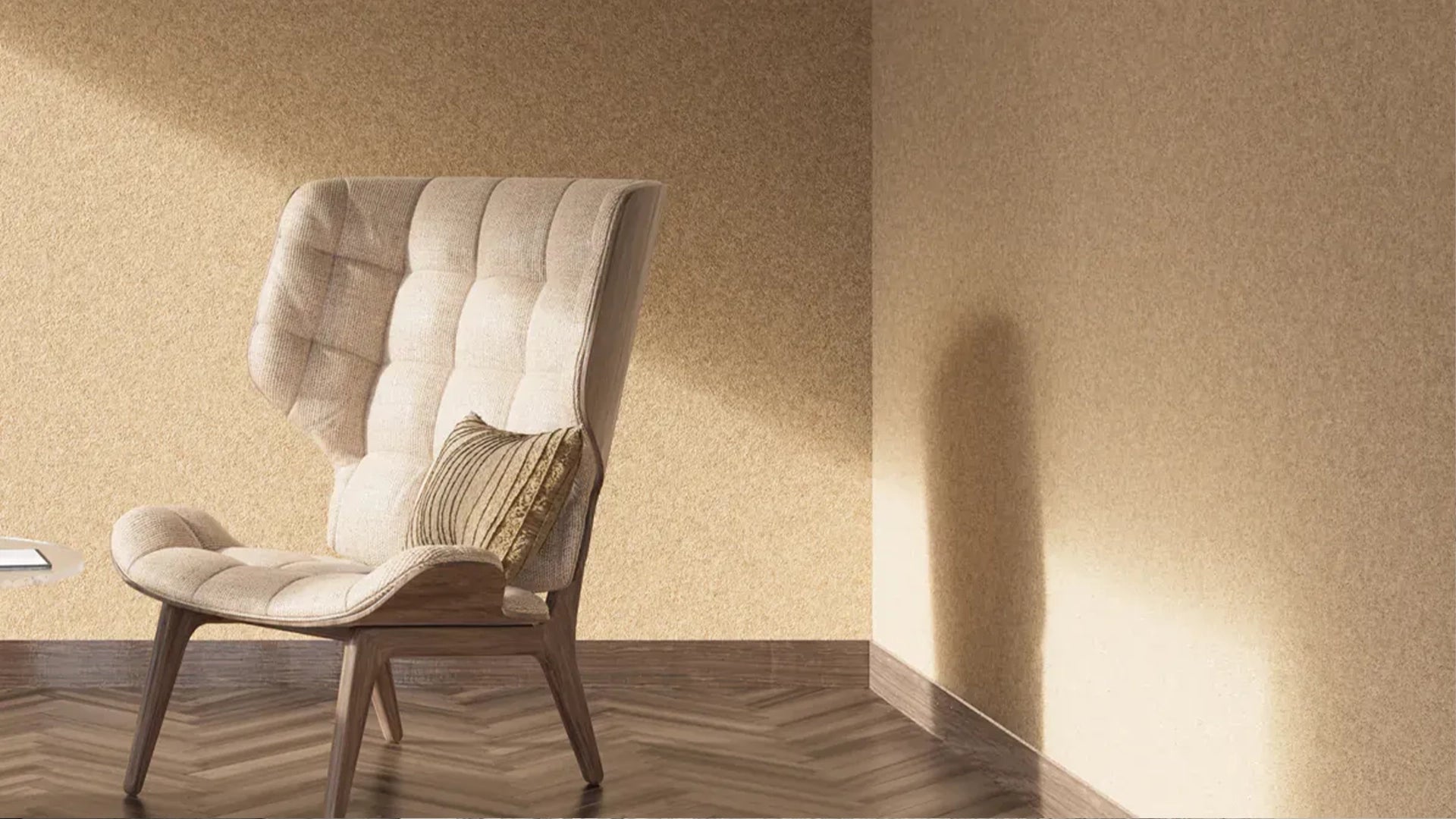 CAPPUCCINO Plain Acoustic Wallpaper - 90% Wool fluffo in modern interior with armchair DecorMania eu