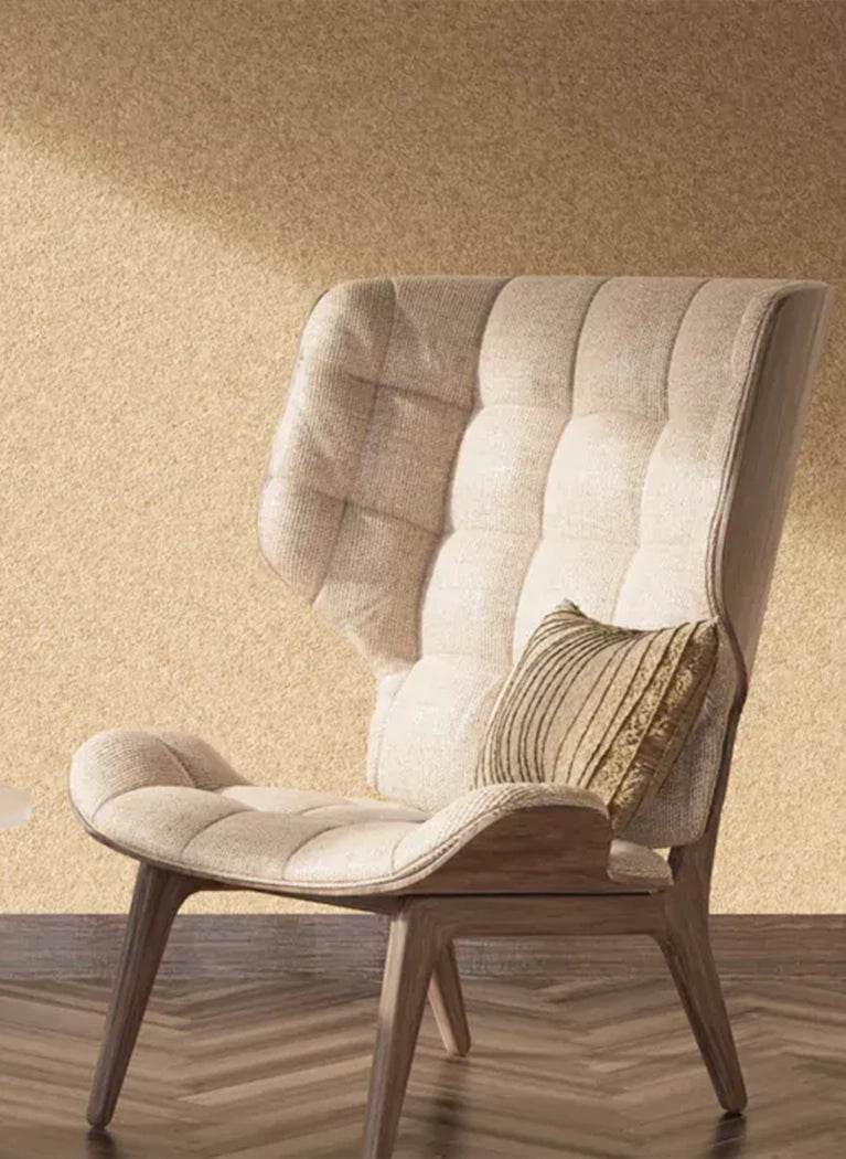 CAPPUCCINO Plain Acoustic Wallpaper - 90% Wool fluffo in modern interior with armchair DecorMania eu