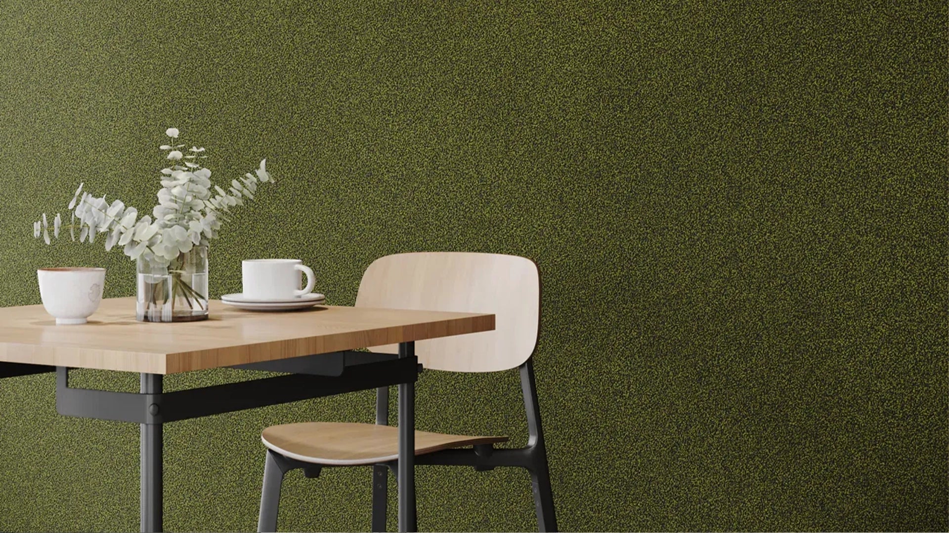 KHAKI Plain Acoustic Wallpaper - 90% Wool with table and chair fluffo Decormania