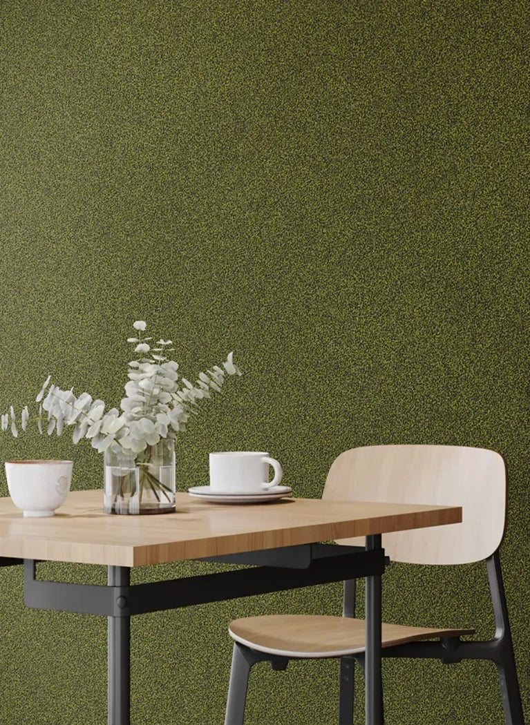 KHAKI Plain Acoustic Wallpaper - 90% Wool with table and chair fluffo Decormania
