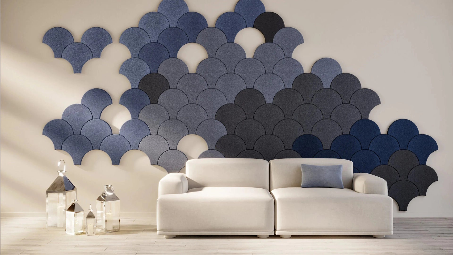 Fluffo EDGE Soft Acoustic Wall Panel on white wall in living room interior