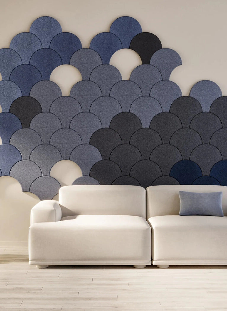Fluffo EDGE Soft Acoustic Wall Panel on white wall in living room interior