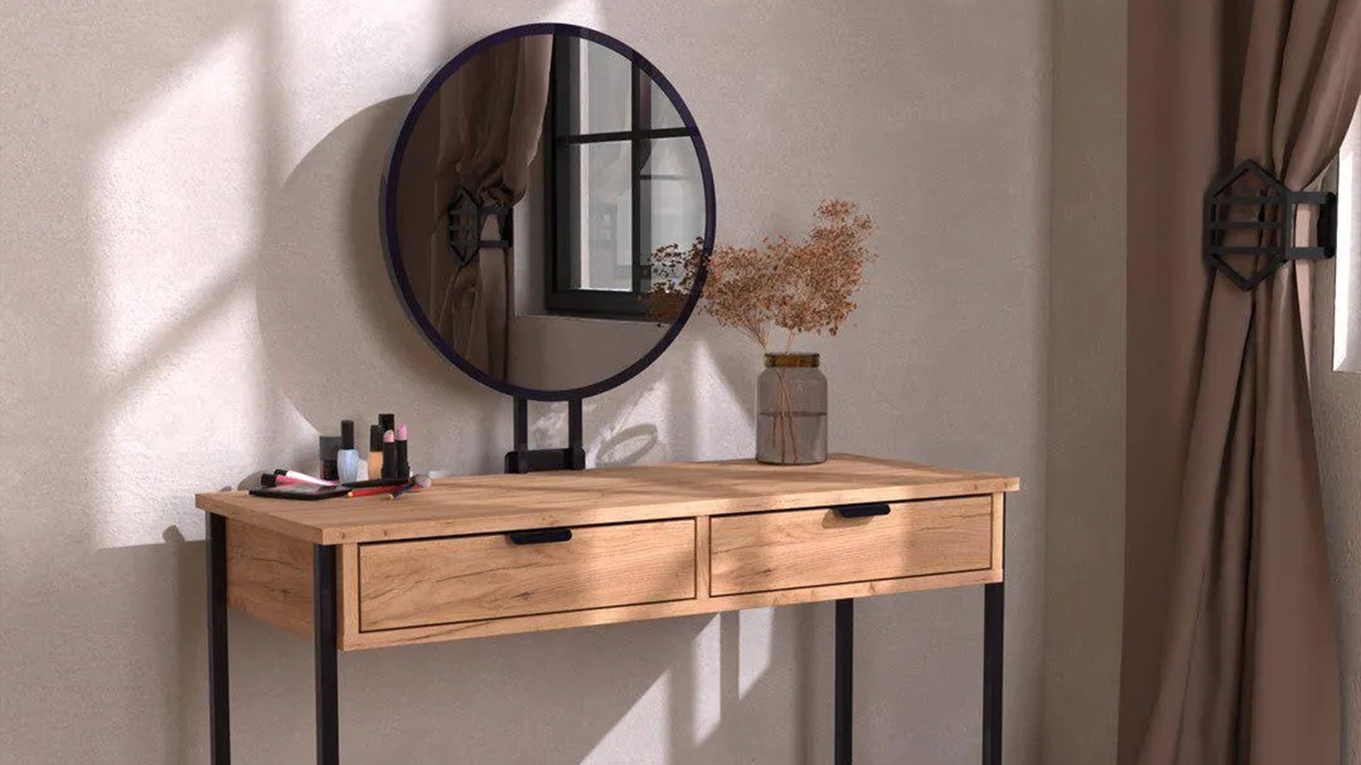 Dressing Table with mirror LOFT Oak Black in cozy interior DecorMania.eu