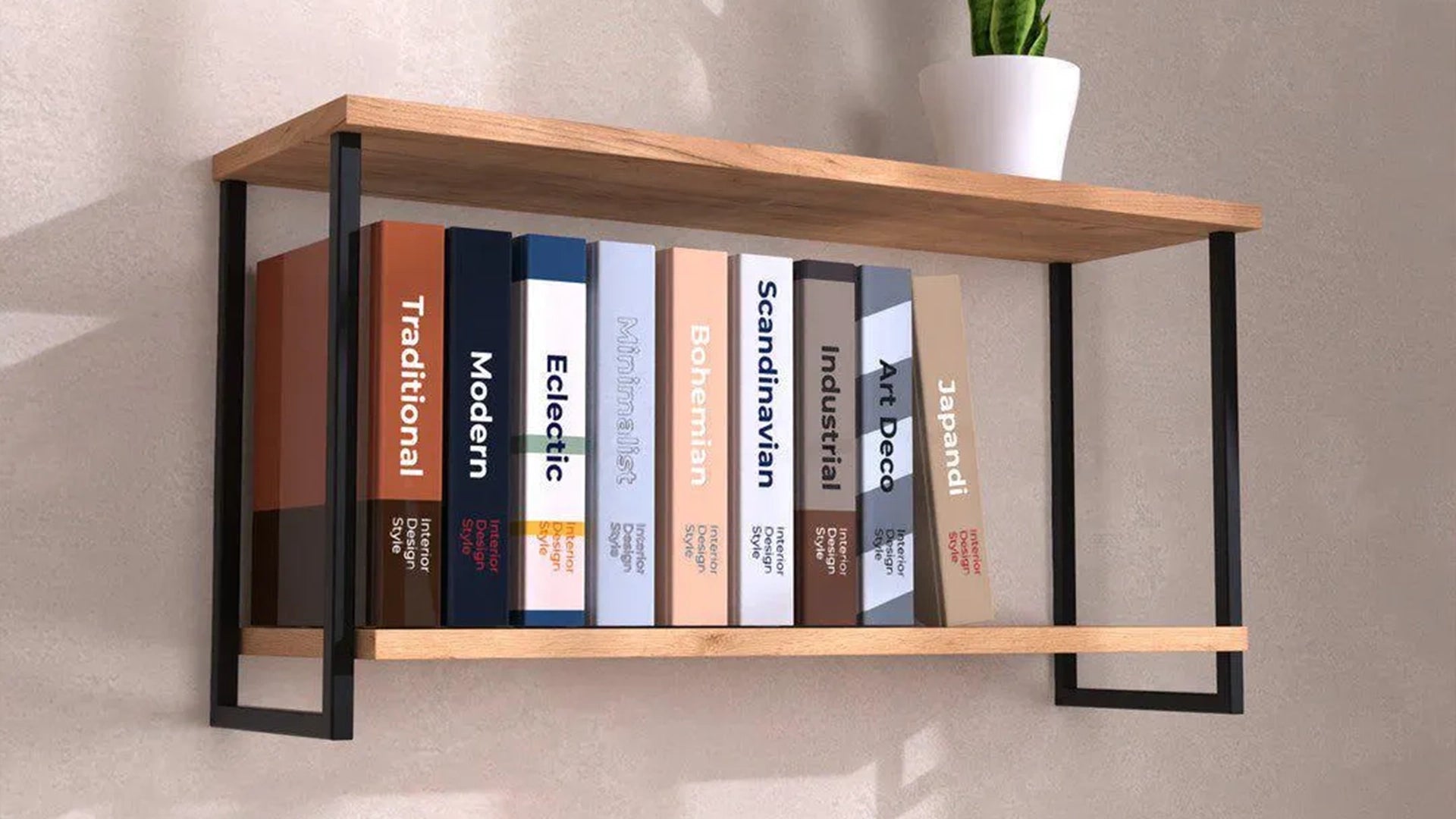 Shelf LOFT Oak Black filled with books DecorMania.eu