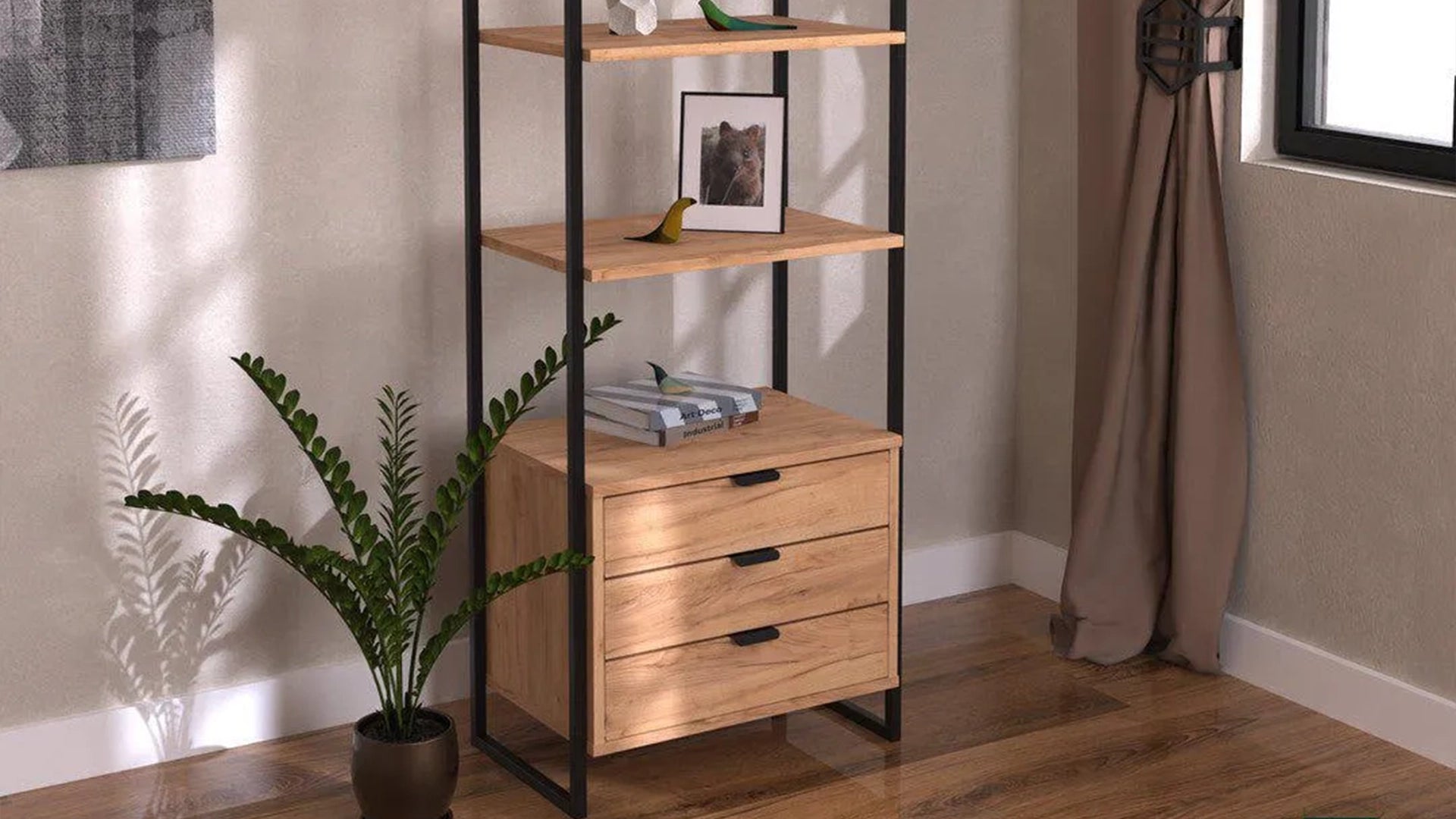 Bookstand LOFT Oak Black in cozy interior DecorMania.eu