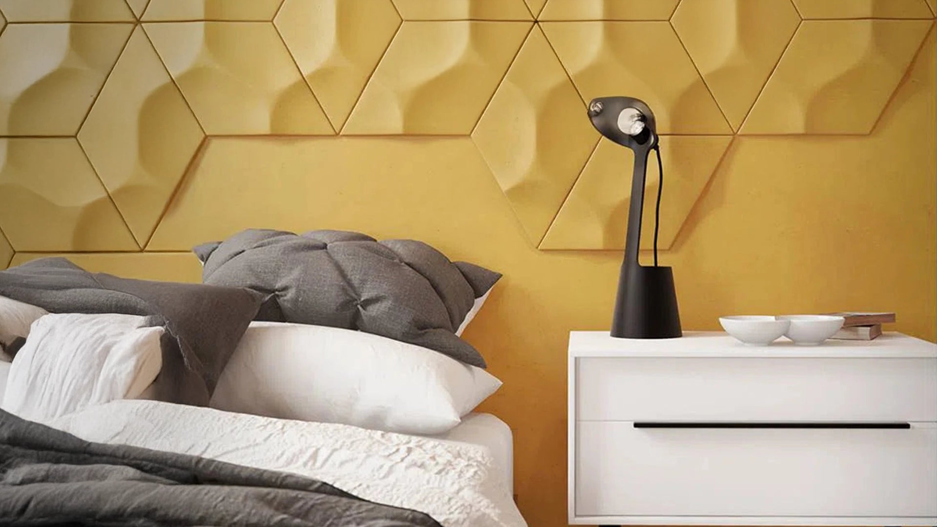 ICON 3D Polyurethane Wall Art Panel in yellow bedroom interior DecorMania.eu