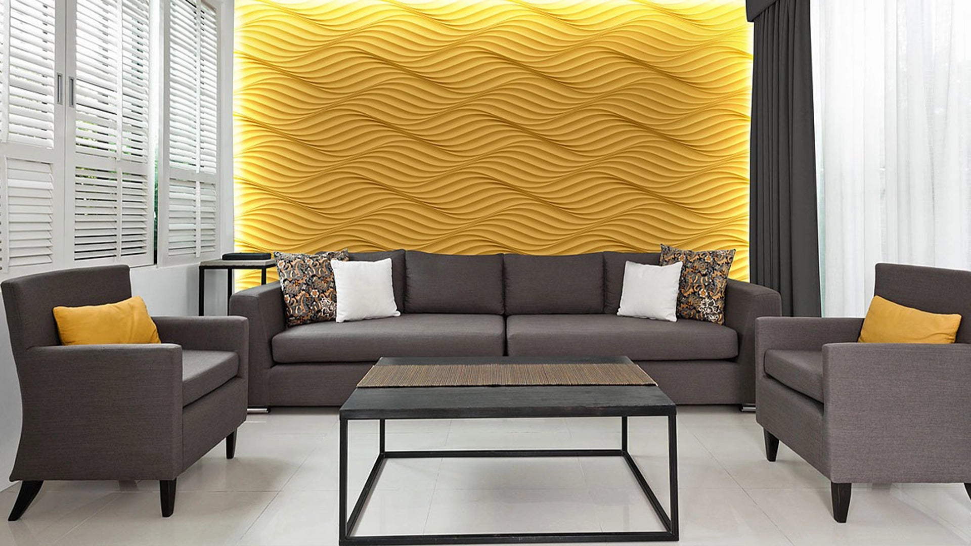 THE WIND Polystyrene Wall Art – 3D Decorative Panels as yellow accent wall in living room interior DecorMania.eu