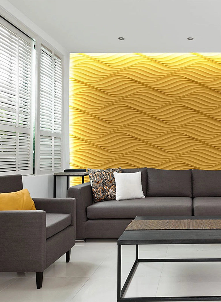 THE WIND Polystyrene Wall Art – 3D Decorative Panels as yellow accent wall in living room interior DecorMania.eu