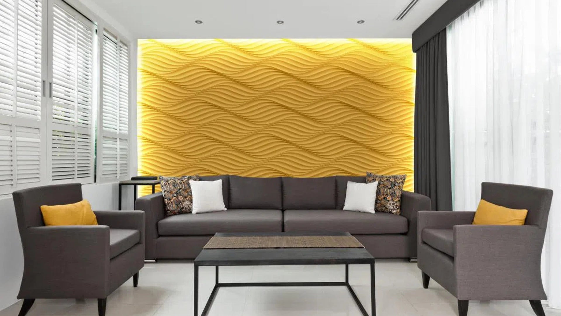THE WIND Polystyrene Wall Art – 3D Decorative Panels as yellow accent wall in living room interior DecorMania.eu