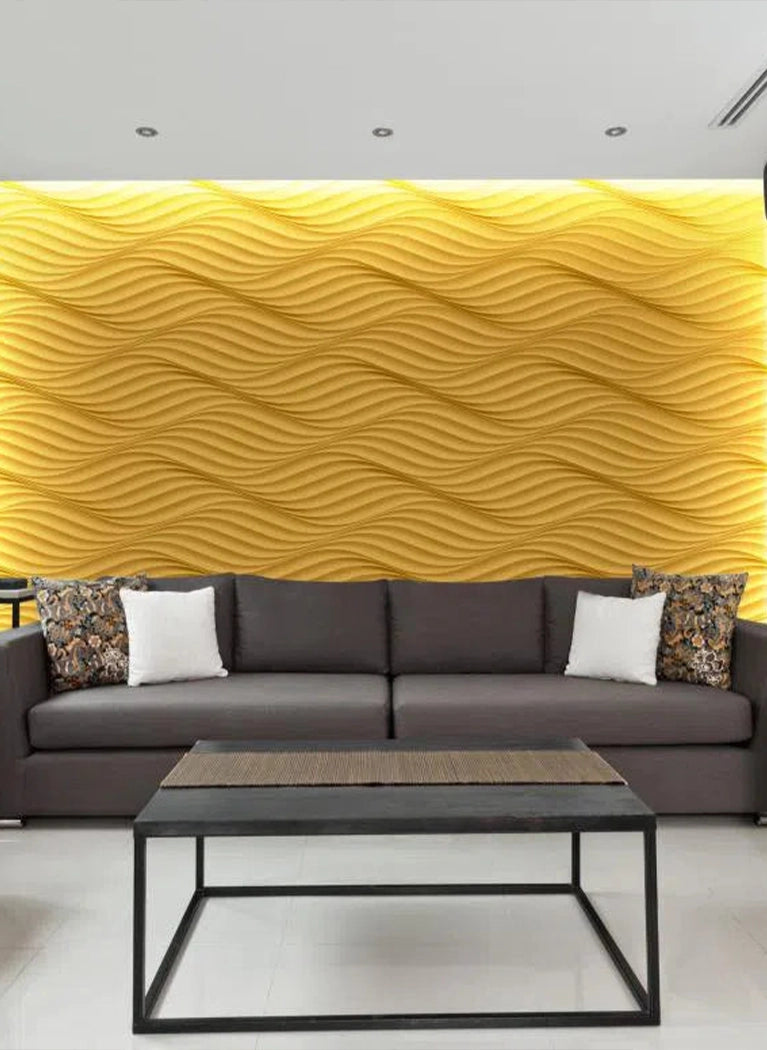 THE WIND Polystyrene Wall Art – 3D Decorative Panels as yellow accent wall in living room interior DecorMania.eu