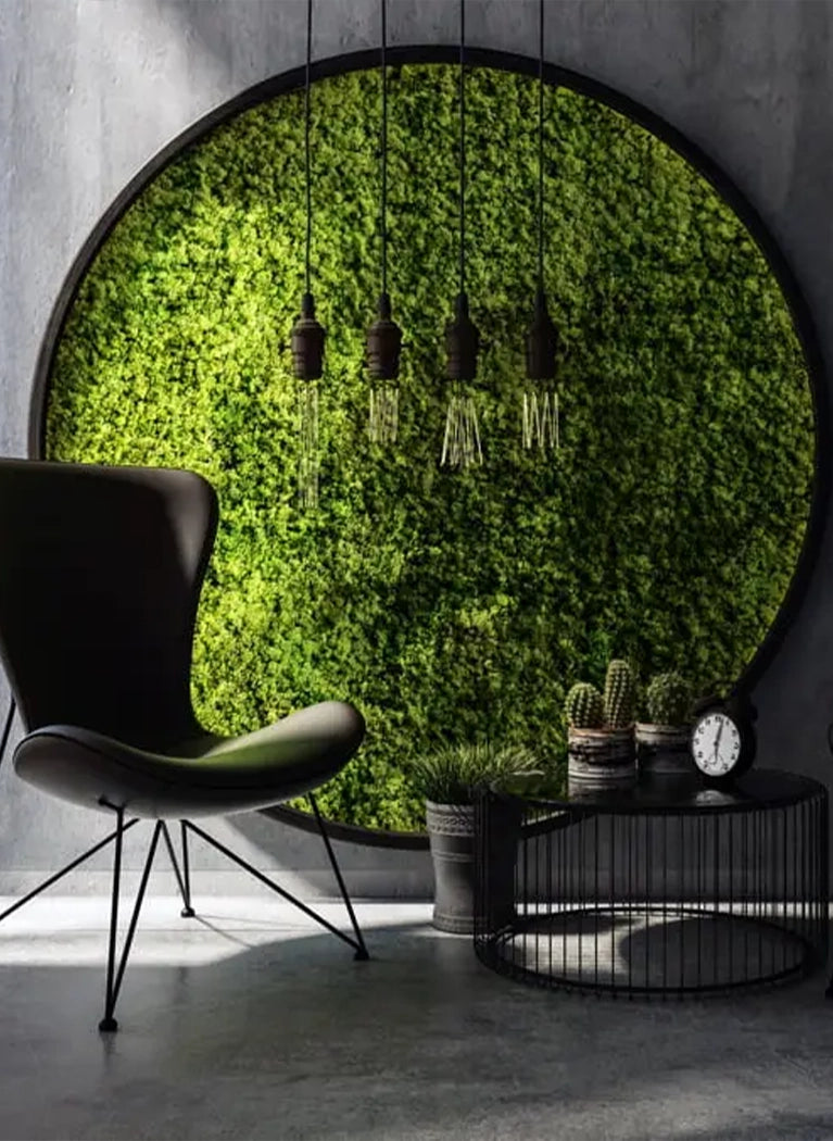 Frameless Reindeer Moss Wall Panels Preserved Moss wall decor Round in grey modern interior DecorMania.eu