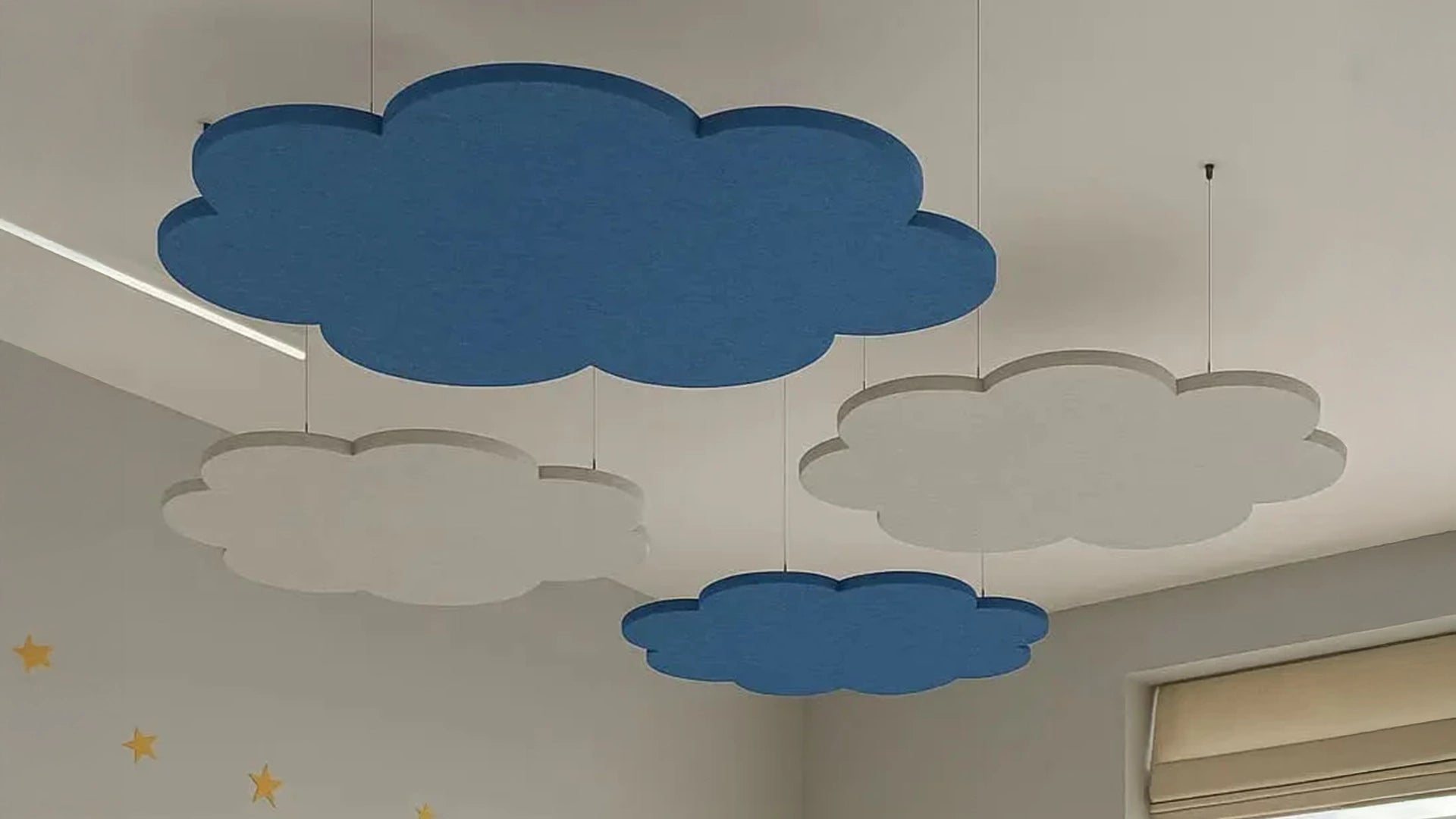Suspended Ceiling Panels - Acoustic Felt CLOUD L in white bedroom interior closeup Decormania EU