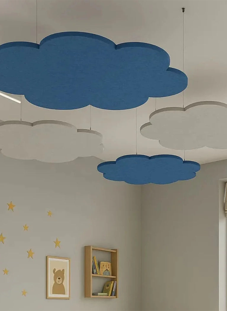 Suspended Ceiling Panels - Acoustic Felt CLOUD L in white bedroom interior closeup Decormania EU