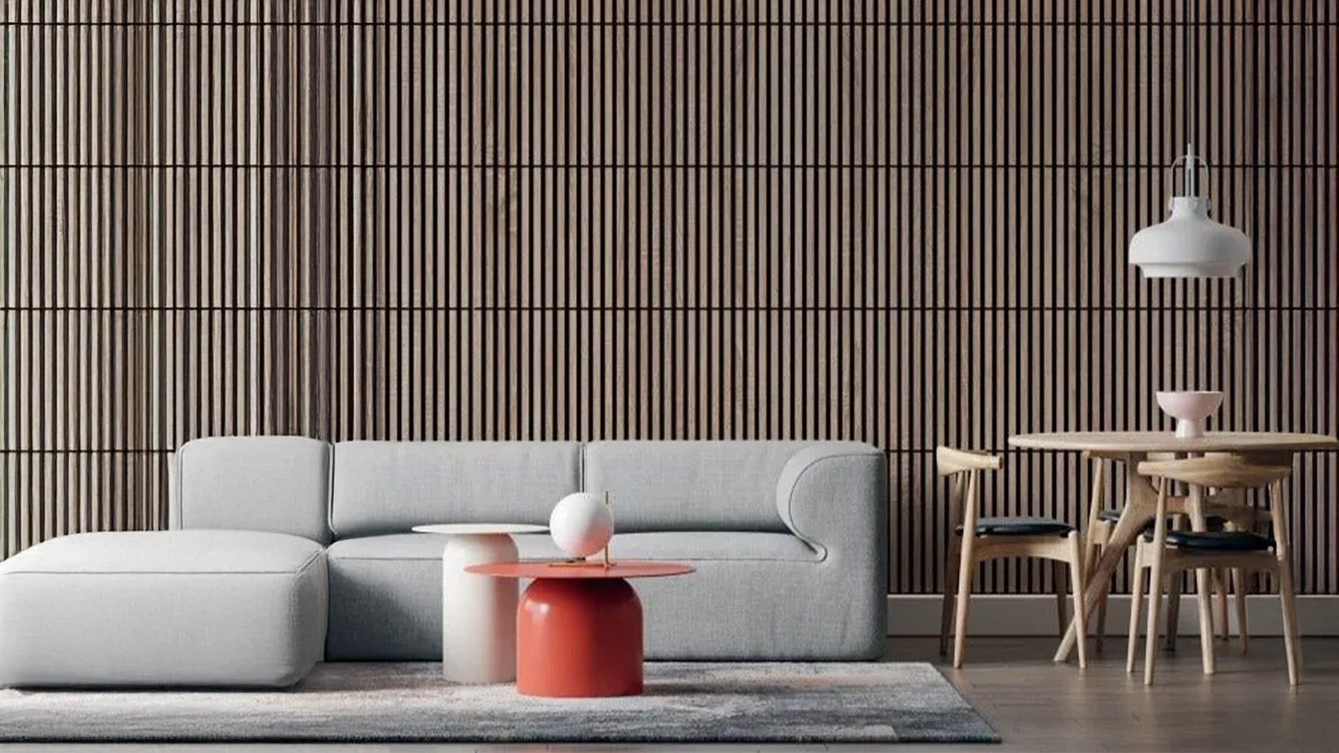 Wooden Acoustic Panels - GREY OAK Wall Slats in living room interior DecorMania.eu