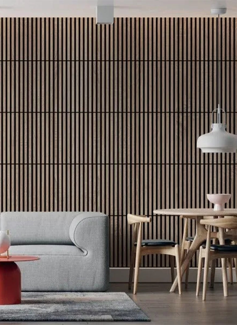 Wooden Acoustic Panels - GREY OAK Wall Slats in living room interior DecorMania.eu